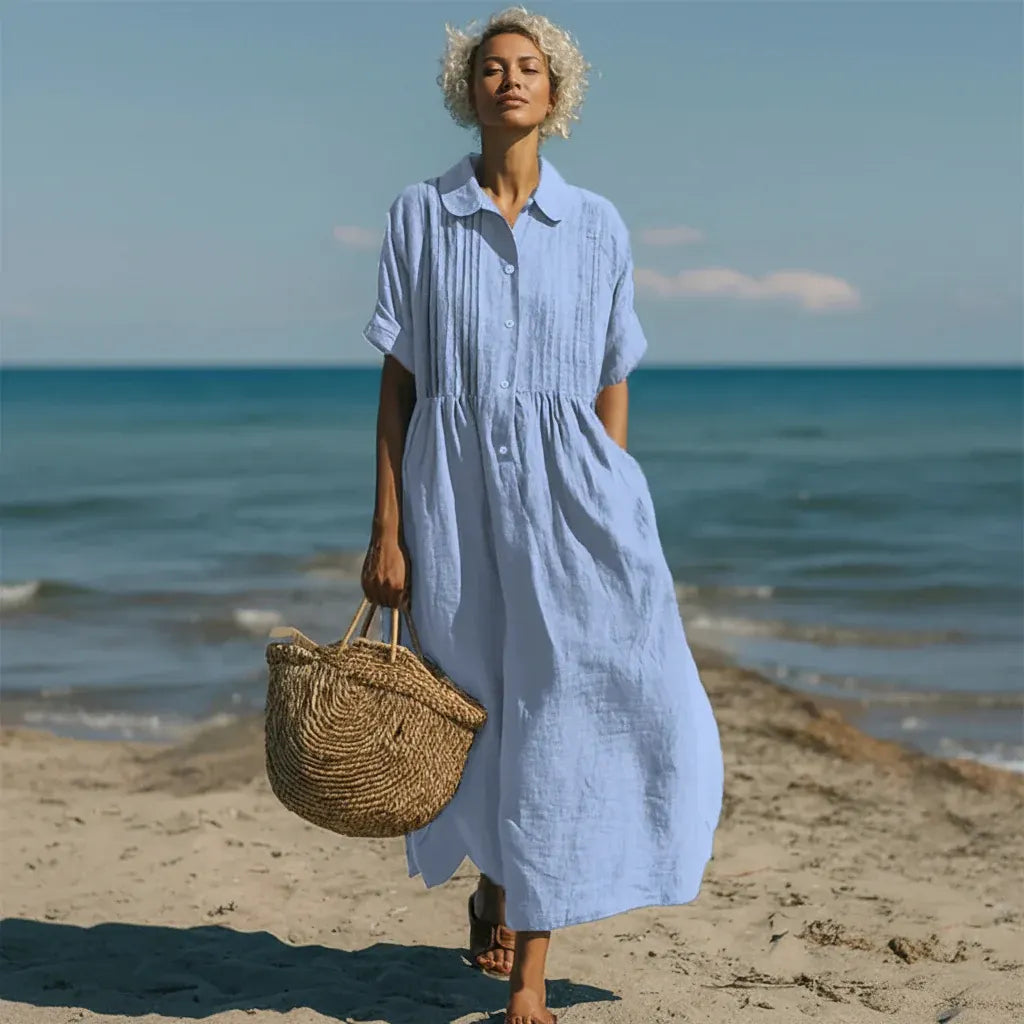 Casual Pintuck Shirt Dress for Women - Maxi/Midi Length
