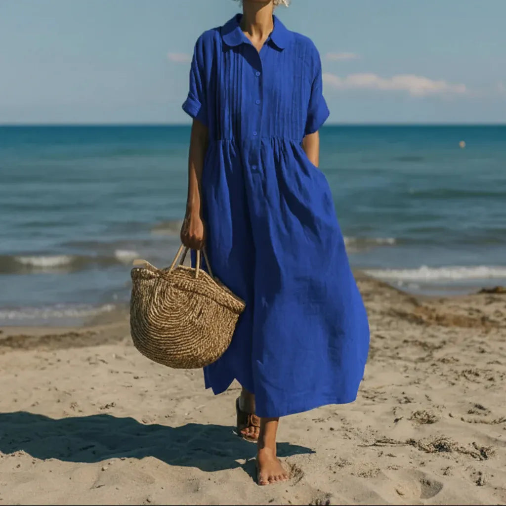 Casual Pintuck Shirt Dress for Women - Maxi/Midi Length
