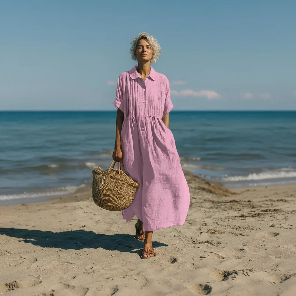 Casual Pintuck Shirt Dress for Women - Maxi/Midi Length