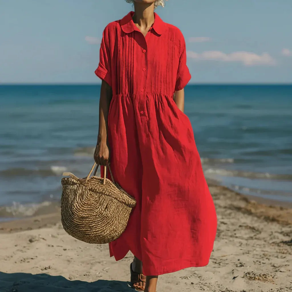 Casual Pintuck Shirt Dress for Women - Maxi/Midi Length