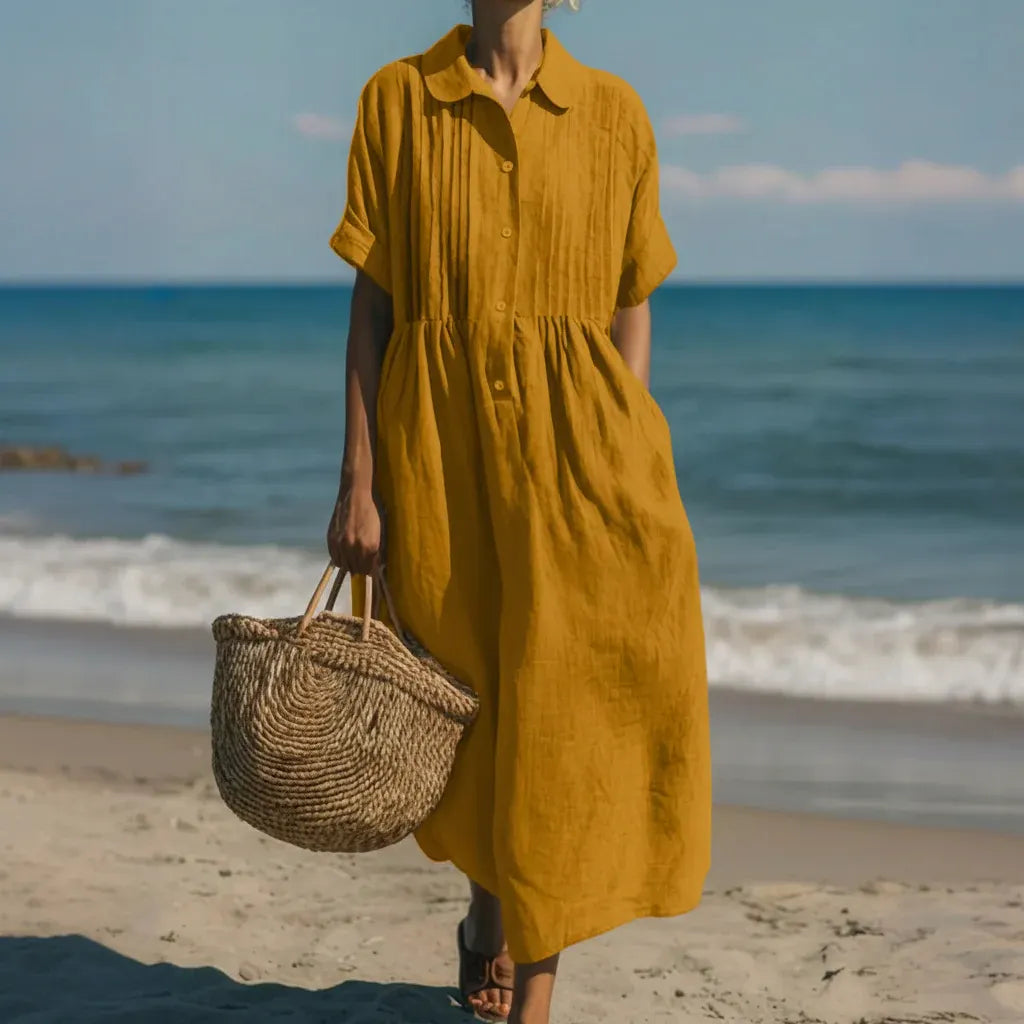 Casual Pintuck Shirt Dress for Women - Maxi/Midi Length