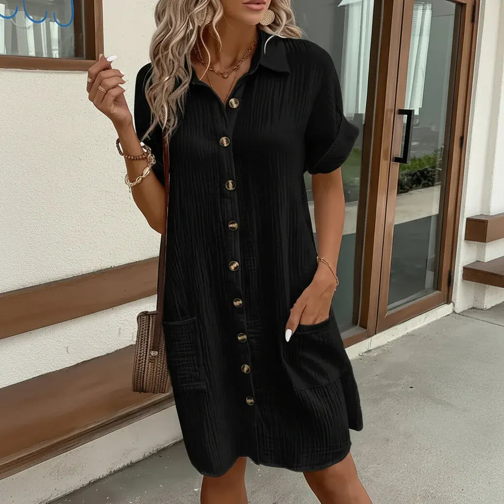 Casual Short-Sleeve Midi Shirt Dress for Women