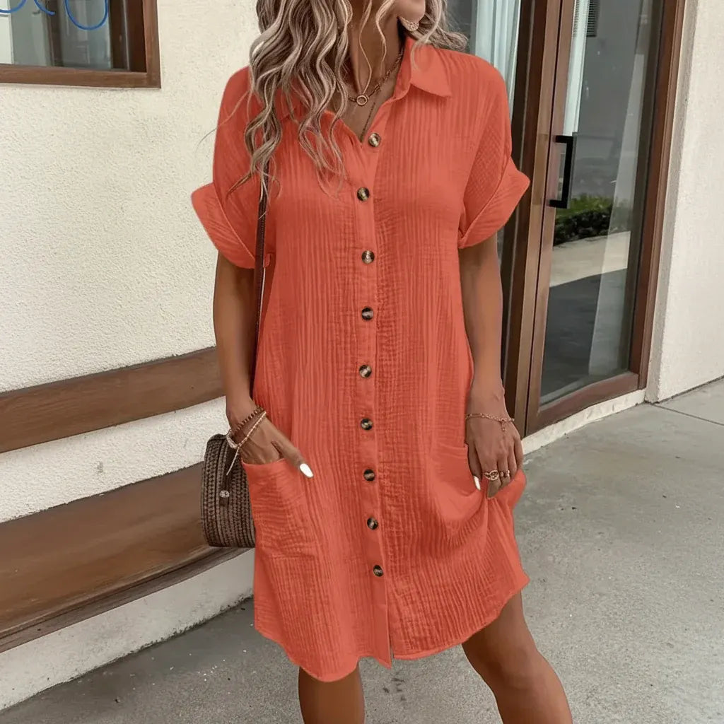 Casual Short-Sleeve Midi Shirt Dress for Women