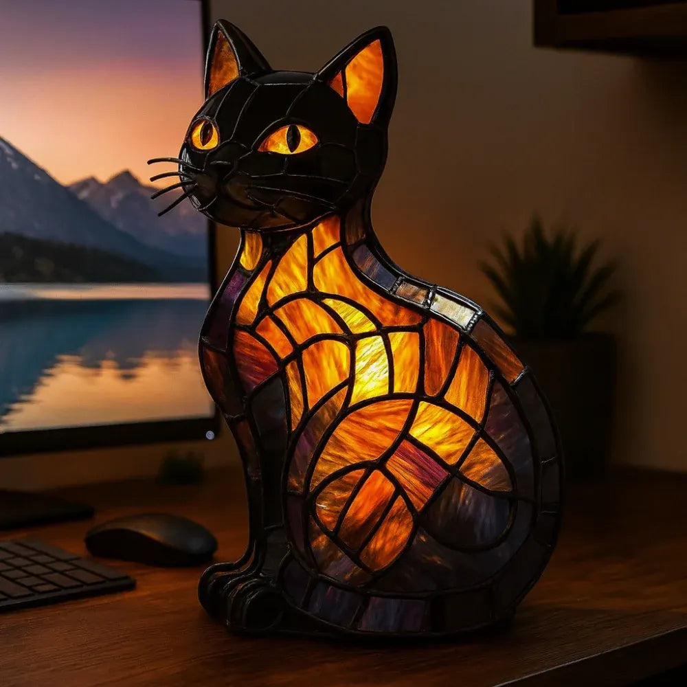 Cat-Themed Stained Glass Table Lamp Night Light