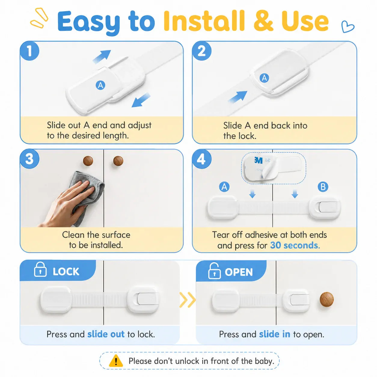 Child Safety Adhesive Cabinet Lock Straps for Baby Proofing