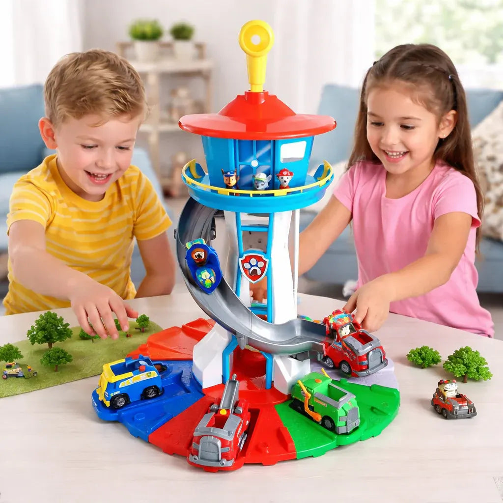 Children's Slide Tower Track Playset with Toy Vehicles