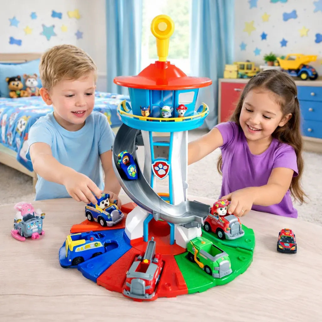 Children's Slide Tower Track Playset with Toy Vehicles