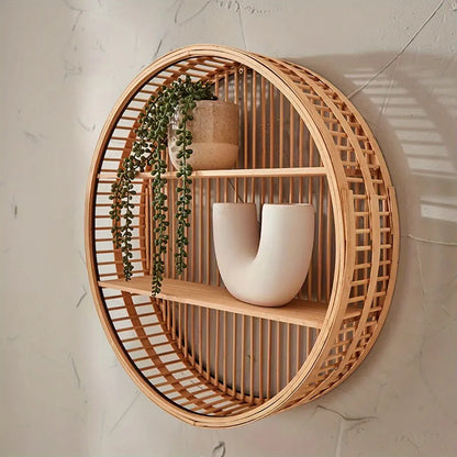 Circular Bamboo Floating Shelf | Handmade Boho Wall Organizer