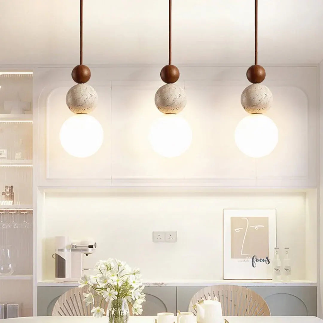 Cleonice Hanging Pendant Lamp | Travertine, Wood & Glass Ceiling Fixture