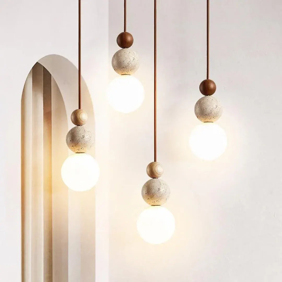 Cleonice Hanging Pendant Lamp | Travertine, Wood & Glass Ceiling Fixture