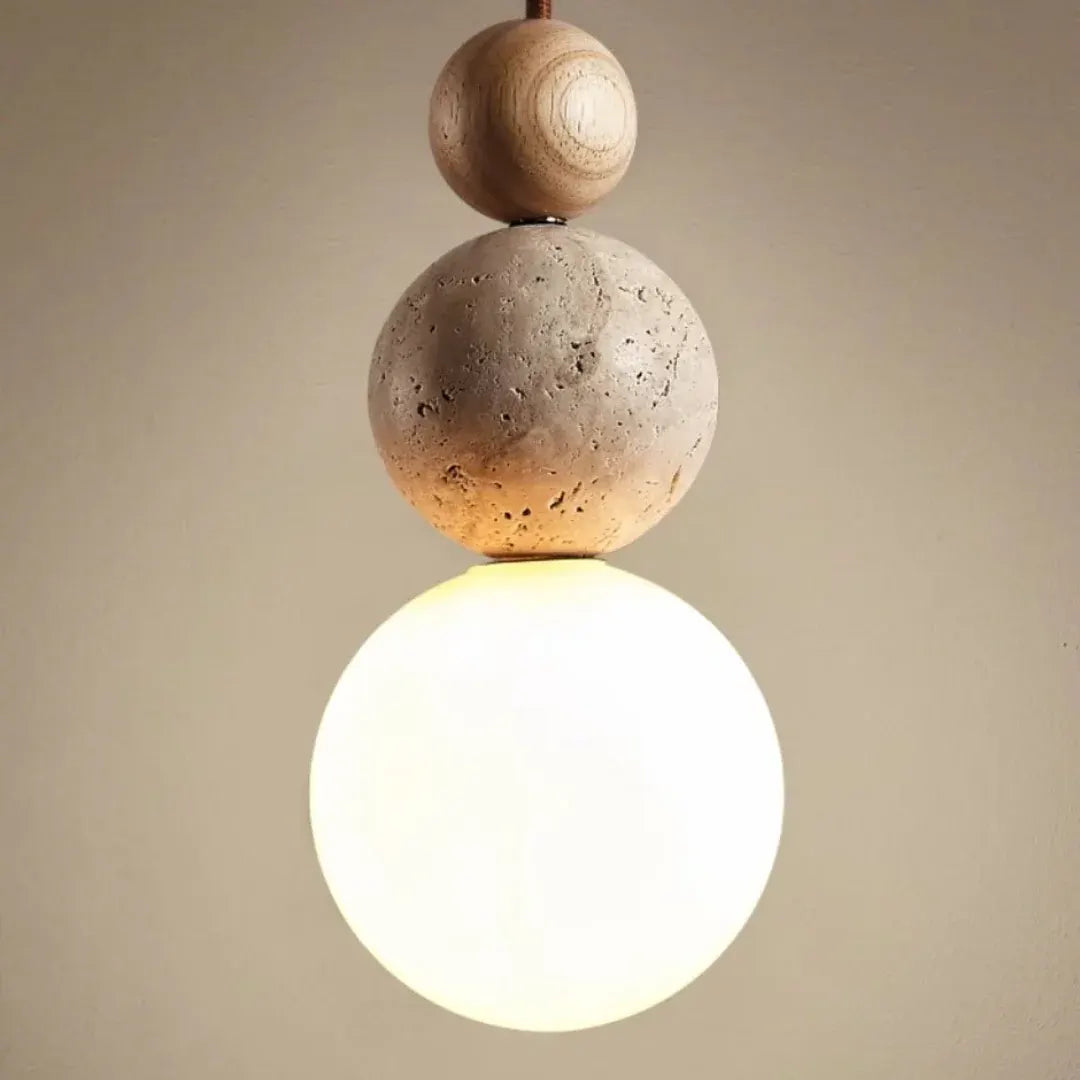Cleonice Hanging Pendant Lamp | Travertine, Wood & Glass Ceiling Fixture
