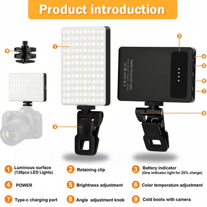 Clip-On LED Phone Camera Light with Adjustable Brightness Modes for Selfies