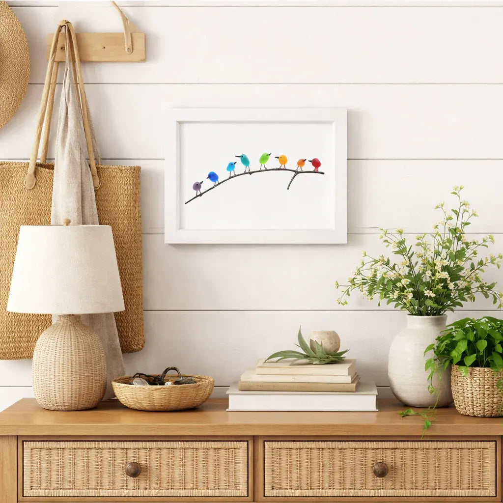 Coastal Bird Wall Decor with Sea Glass and Driftwood Frame