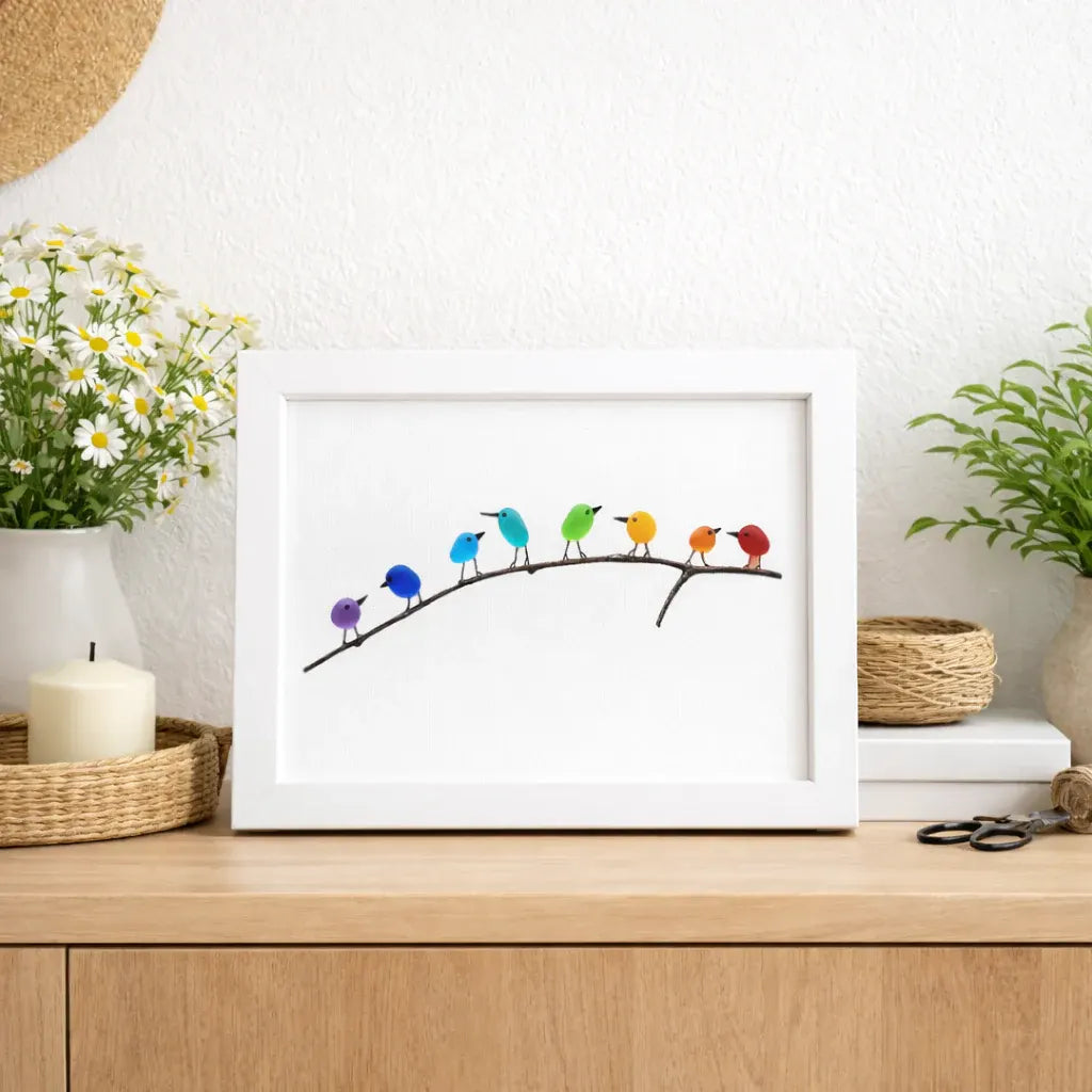 Coastal Bird Wall Decor with Sea Glass and Driftwood Frame