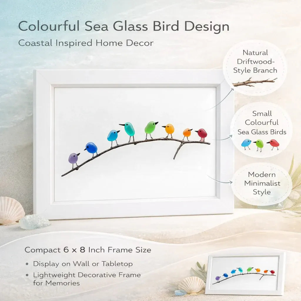 Coastal Bird Wall Decor with Sea Glass and Driftwood Frame
