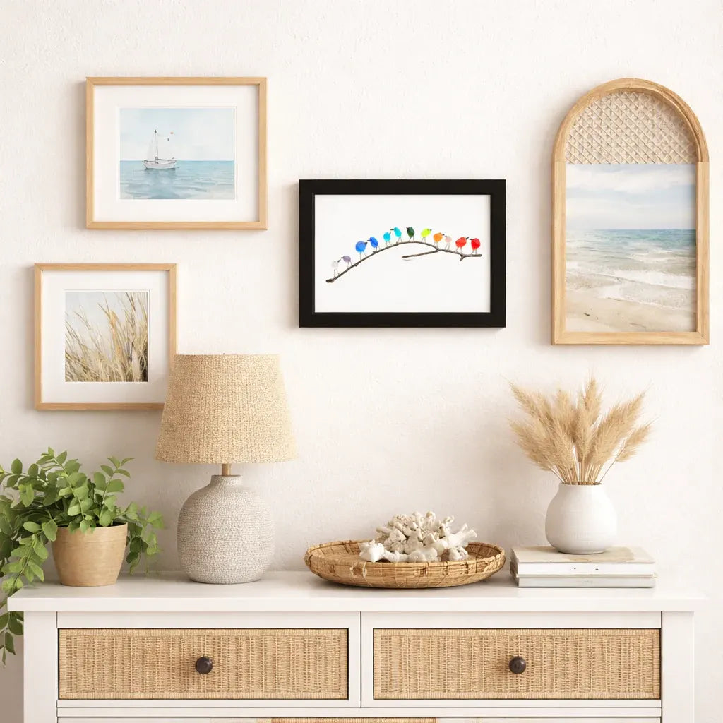 Coastal Bird Wall Decor with Sea Glass and Driftwood Frame