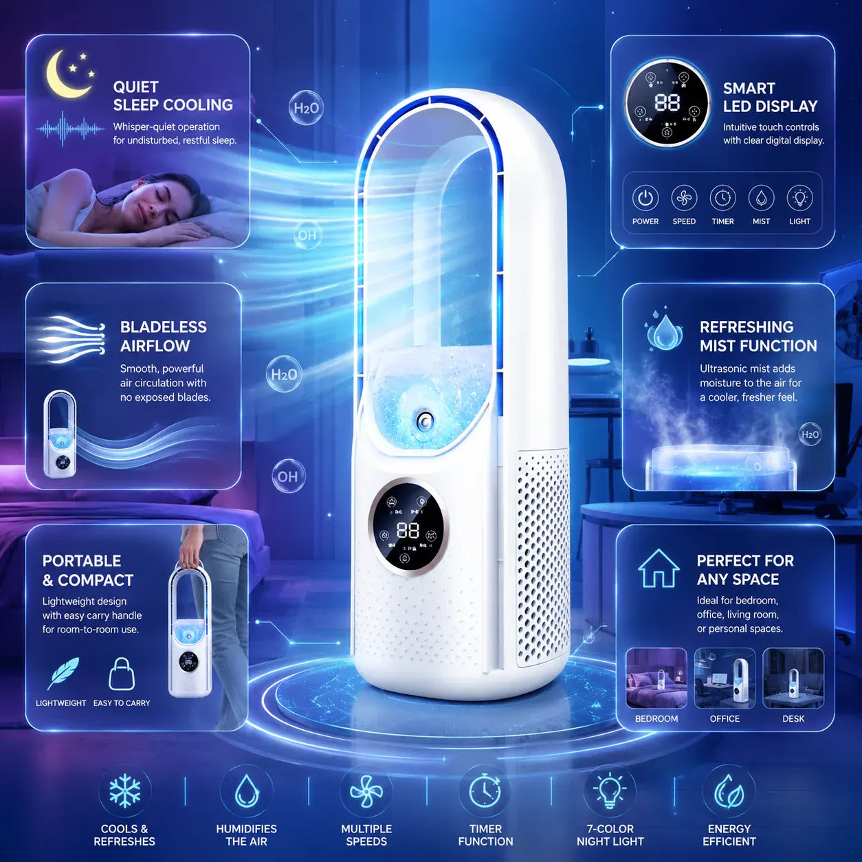 Compact Bladeless Personal Cooling Unit - Quiet Portable Air Conditioner