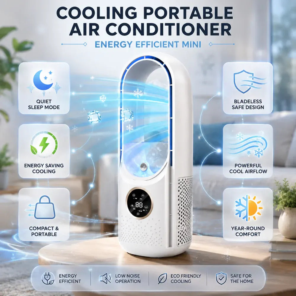 Compact Bladeless Portable Cooling Fan with Mini Air Conditioner Function