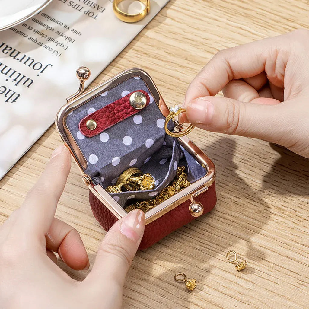 Compact Leather Jewelry Case with Gold Clasp for Travel Storage