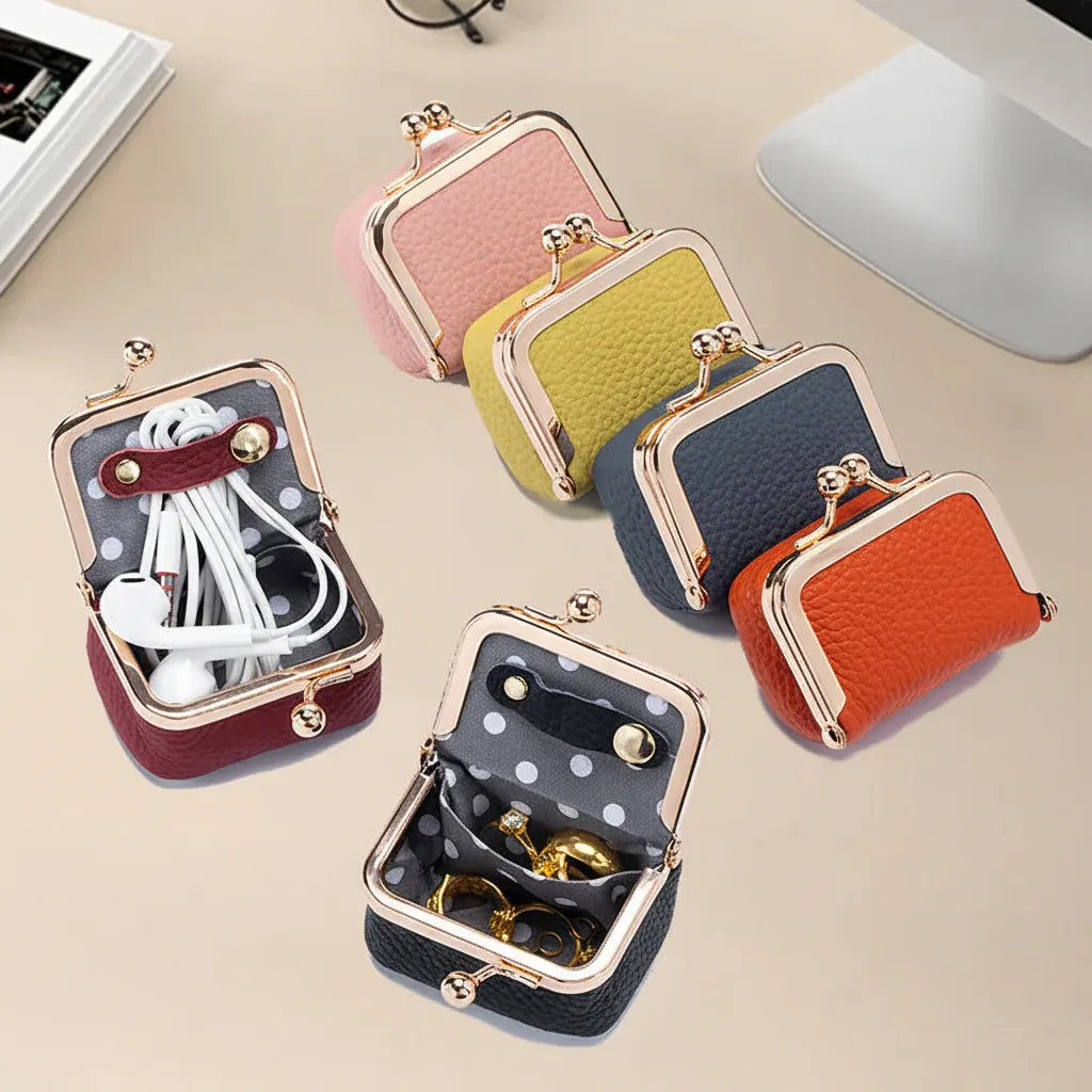 Compact Leather Jewelry Case with Gold Clasp for Travel Storage