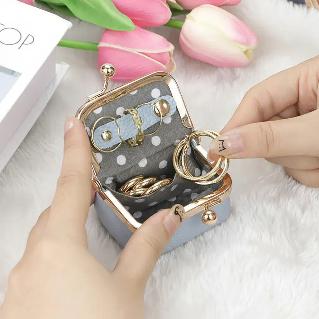 Compact Leather Jewelry Case with Gold Clasp for Travel Storage