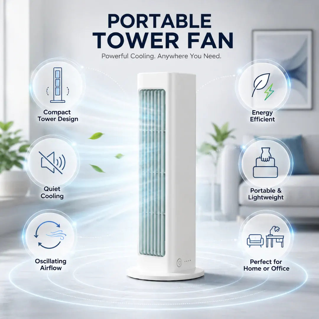 Compact Oscillating Tower Fan Portable Quiet Cooling