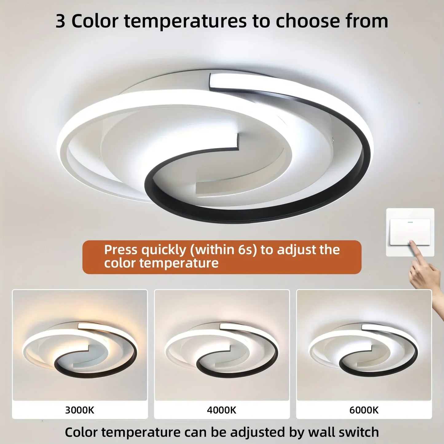 Contemporary LED Ceiling Lamp with Swirl Black & White Pattern