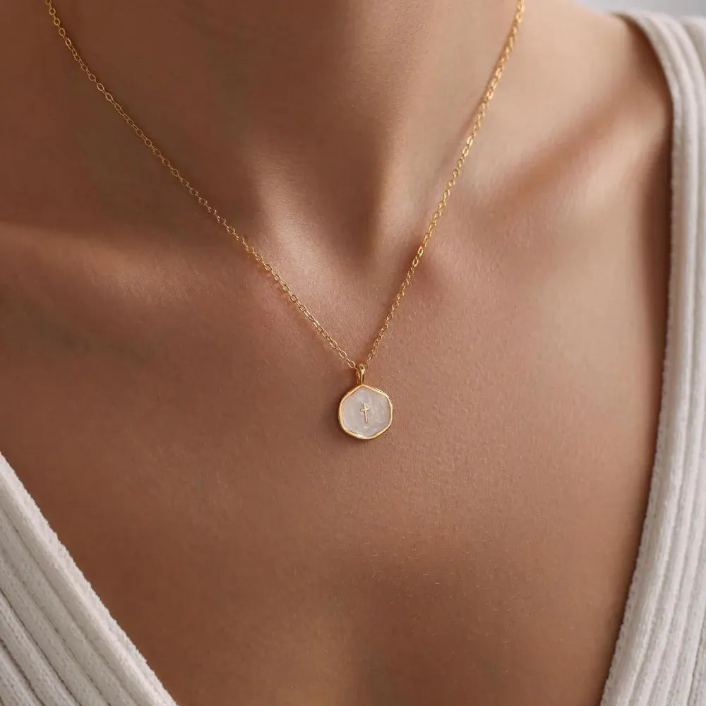 Dainty Gold Disc Cross Pendant Necklace – Mother's Day Jewelry Gift