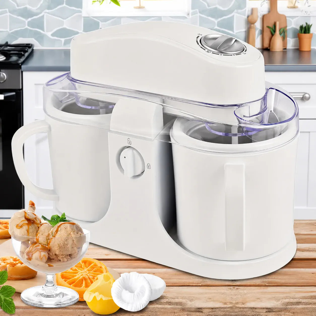 Dual Bowl Countertop Frozen Dessert Maker for Homemade Ice Cream