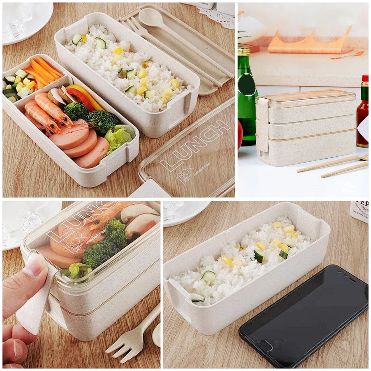 Eco-Friendly 3-Tier Wheat Straw Bento Lunch Box - 900ml Stackable Container