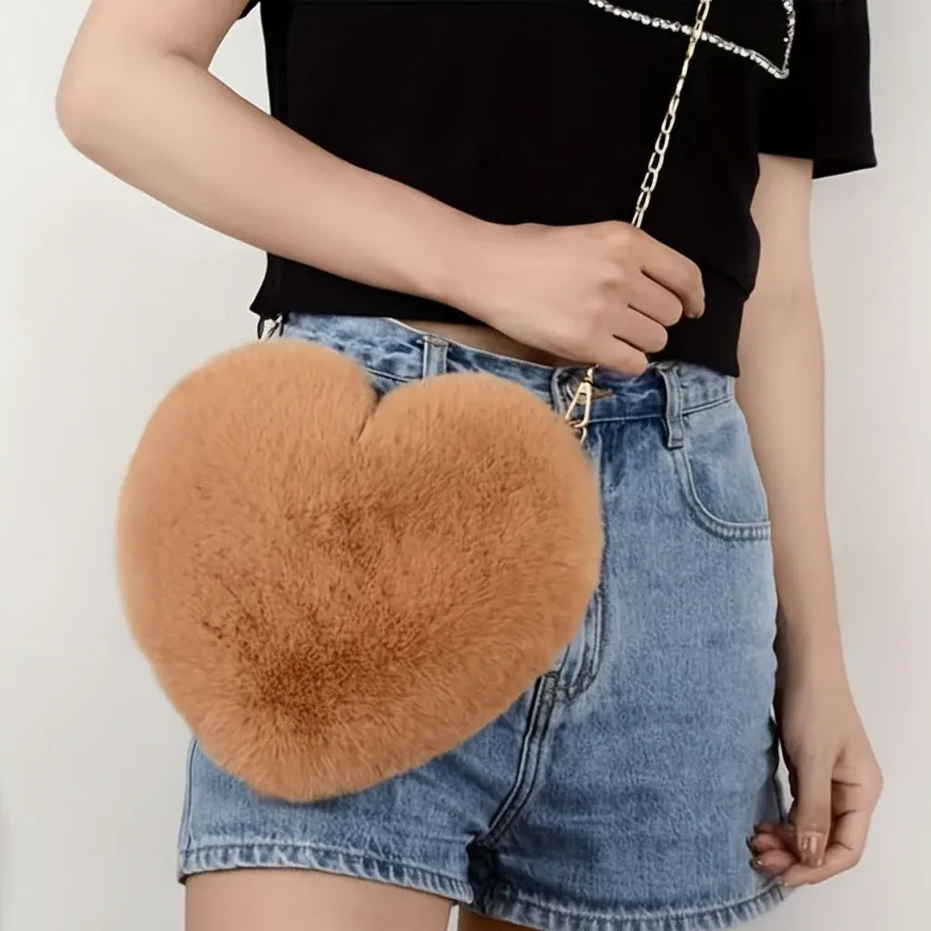 Faux Fur Heart Crossbody Chain Purse Shoulder Bag