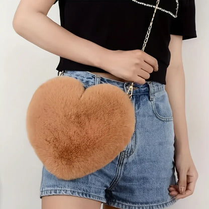Faux Fur Heart Crossbody Chain Purse Shoulder Bag