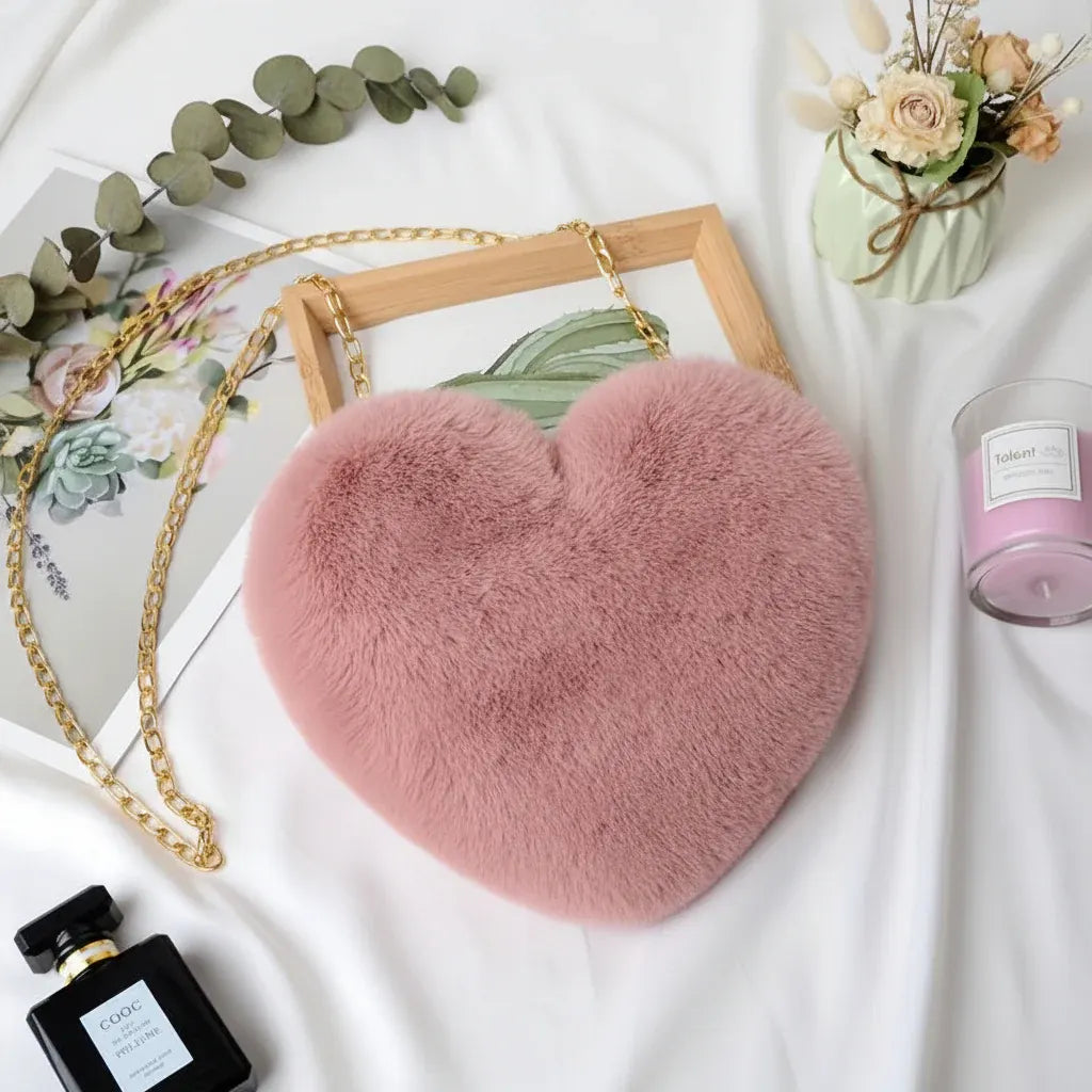 Faux Fur Heart Crossbody Chain Purse Shoulder Bag