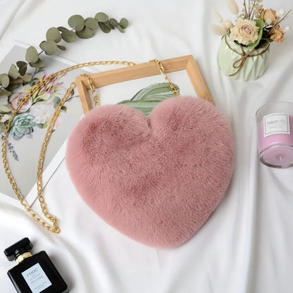 Faux Fur Heart Crossbody Chain Purse Shoulder Bag