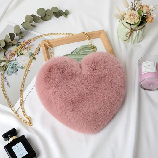 Faux Fur Heart Crossbody Chain Purse Shoulder Bag