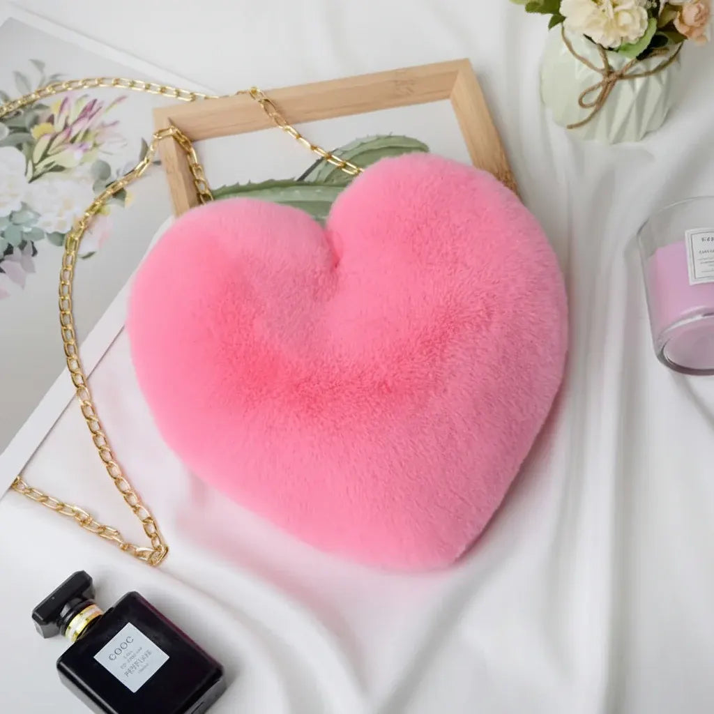 Faux Fur Heart Crossbody Chain Purse Shoulder Bag