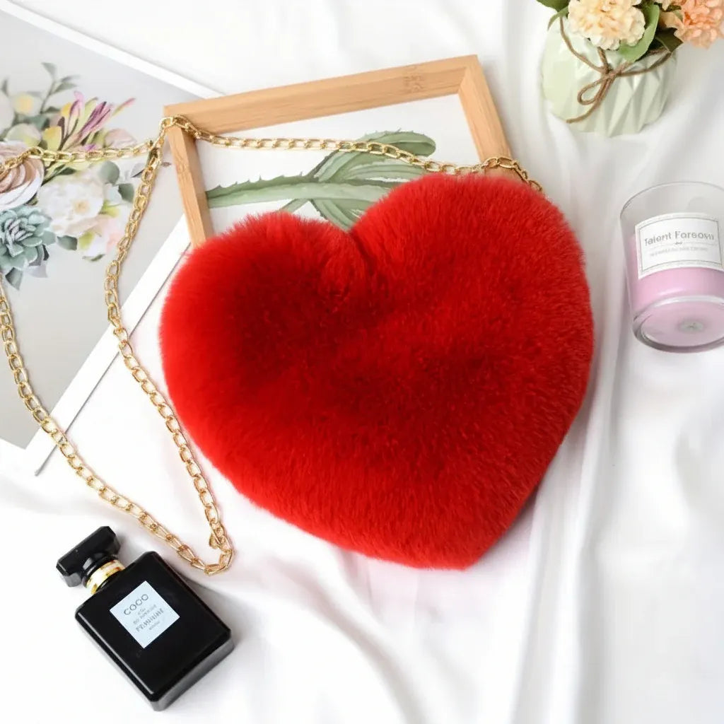 Faux Fur Heart Crossbody Chain Purse Shoulder Bag