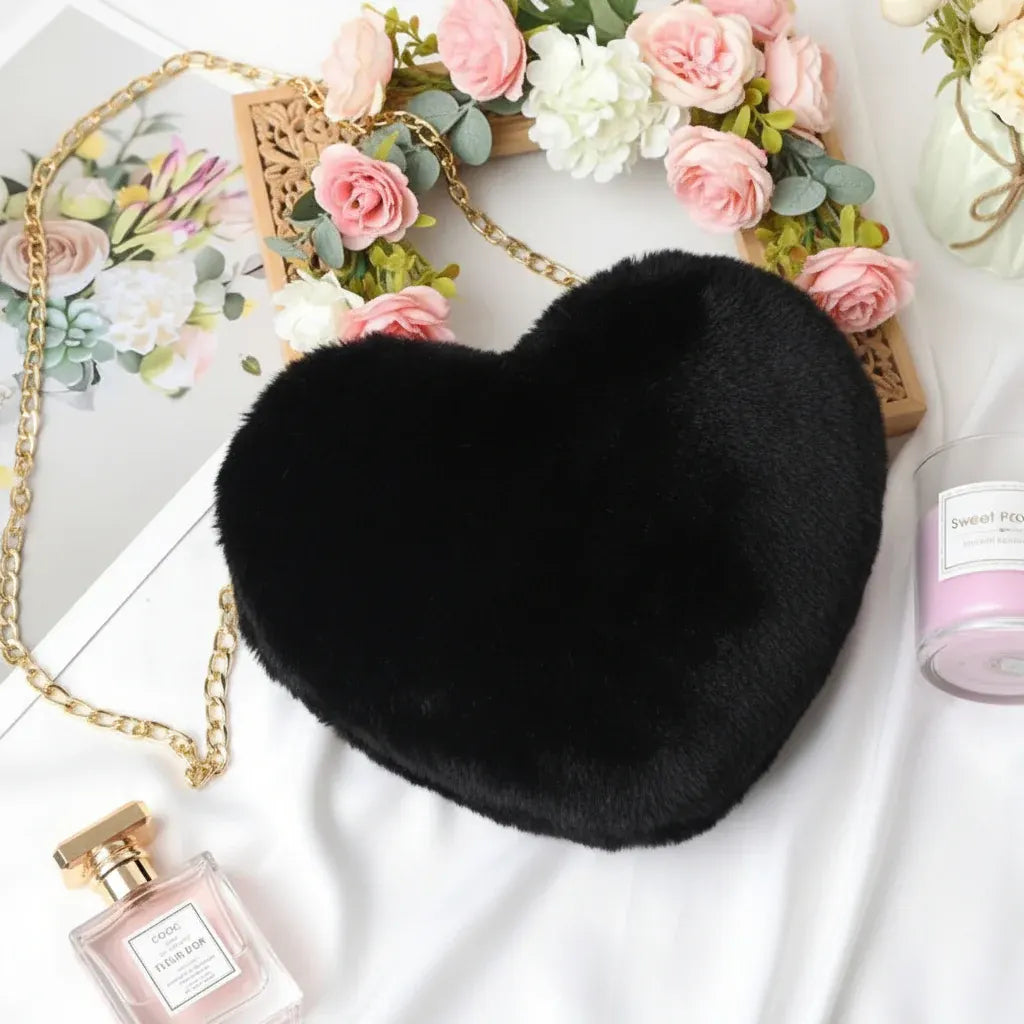 Faux Fur Heart Crossbody Chain Purse Shoulder Bag