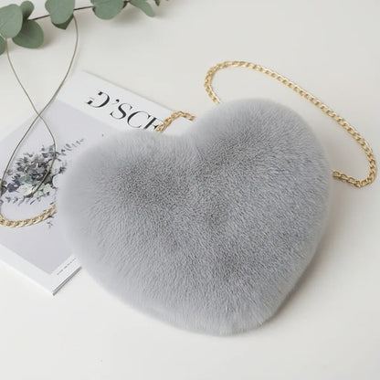 Faux Fur Heart Crossbody Chain Purse Shoulder Bag