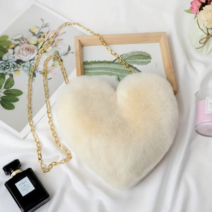 Faux Fur Heart Crossbody Chain Purse Shoulder Bag