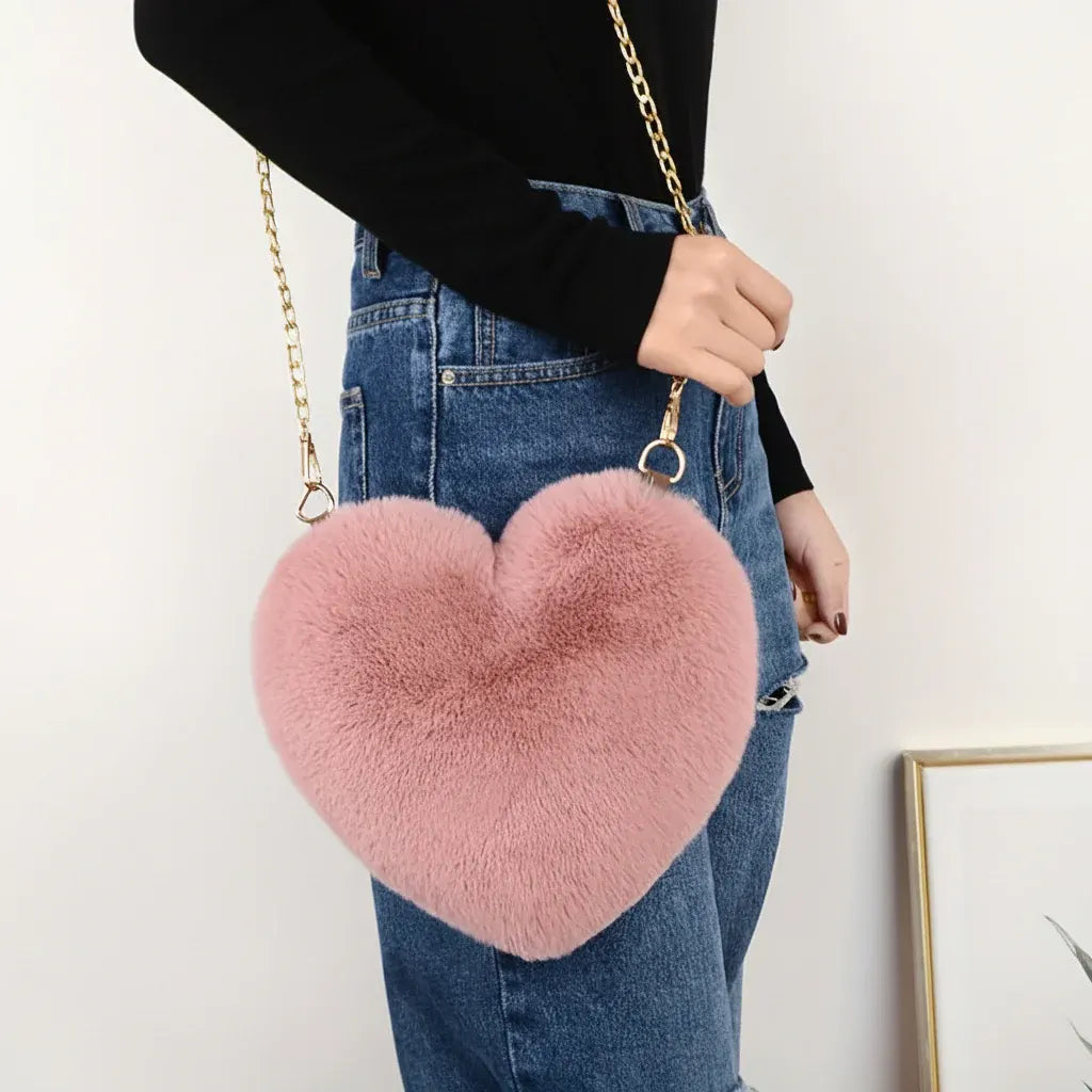 Faux Fur Heart Crossbody Chain Purse Shoulder Bag