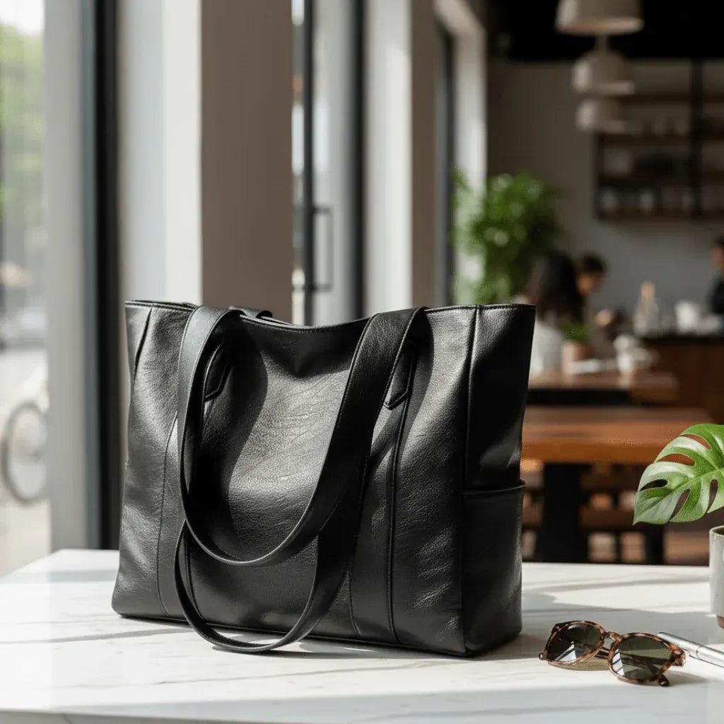 Faux Leather Zippered Tote with Shoulder Strap and Pocket – Work Handbag