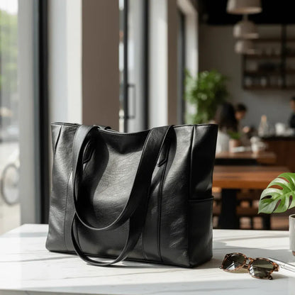 Faux Leather Zippered Tote with Shoulder Strap and Pocket – Work Handbag