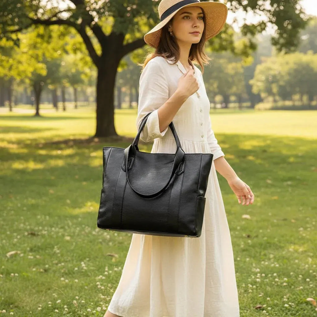 Faux Leather Zippered Tote with Shoulder Strap and Pocket – Work Handbag