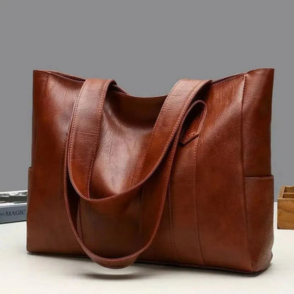 Faux Leather Zippered Tote with Shoulder Strap and Pocket – Work Handbag