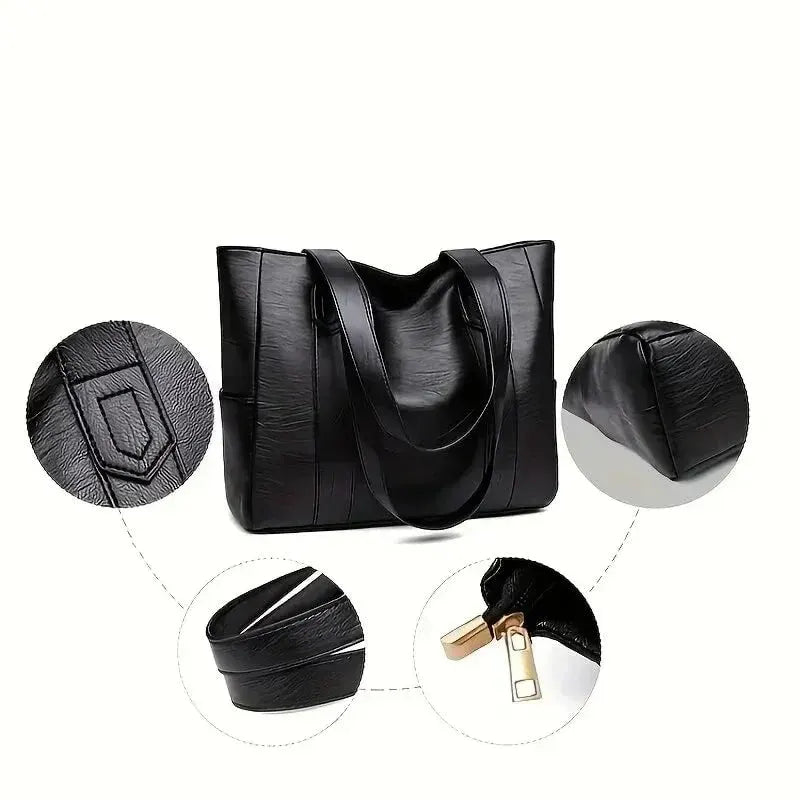 Faux Leather Zippered Tote with Shoulder Strap and Pocket – Work Handbag