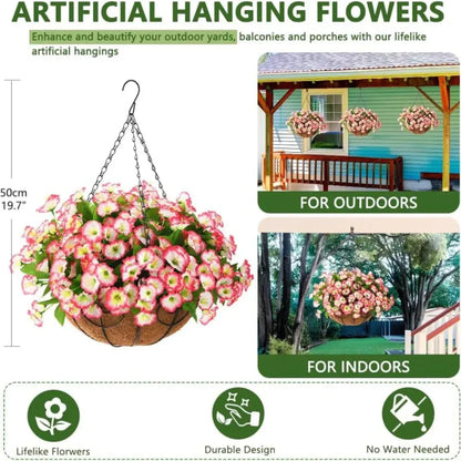 Faux Silk Flower Hanging Basket for Indoor & Outdoor Decoration