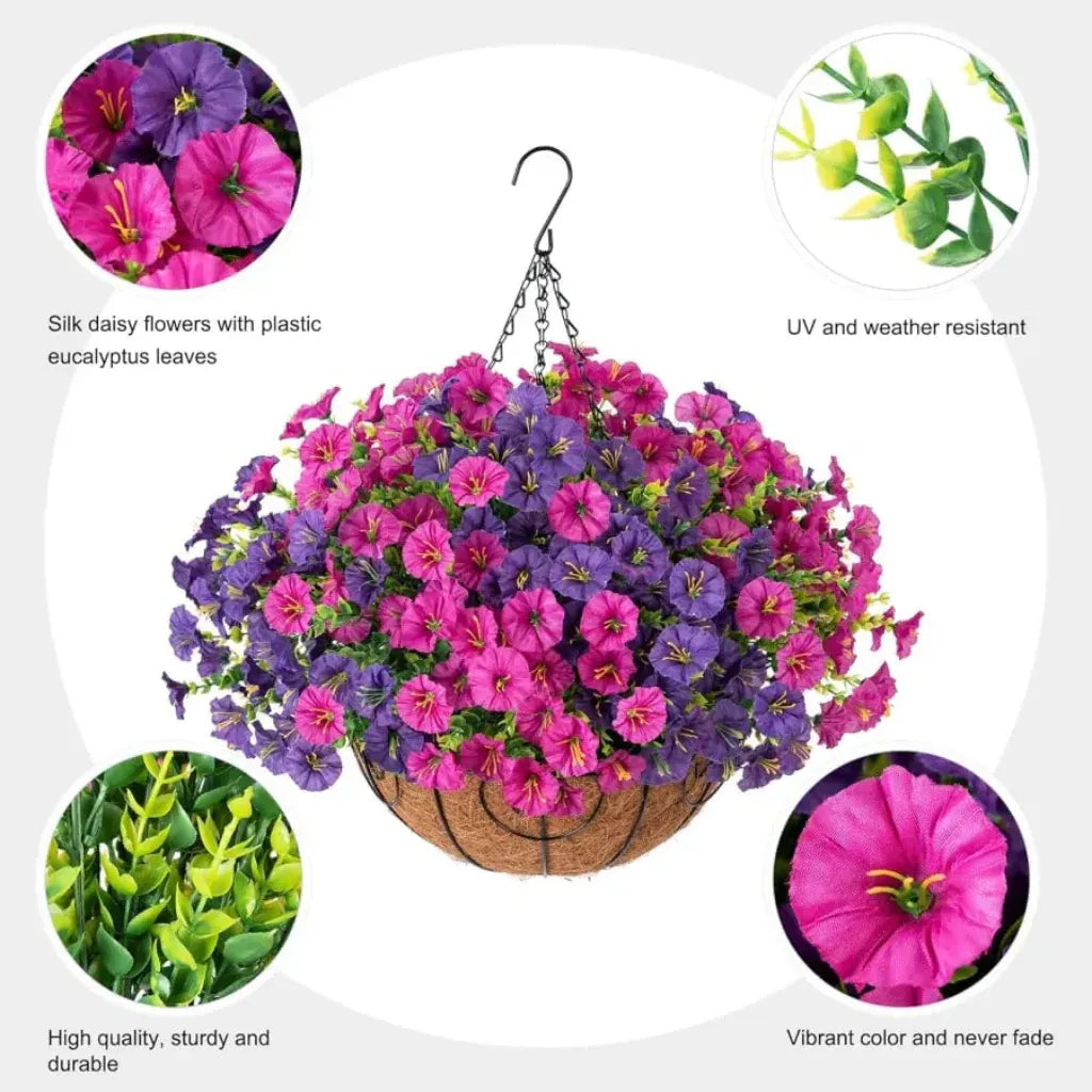 Faux Silk Flower Hanging Basket for Indoor & Outdoor Decoration