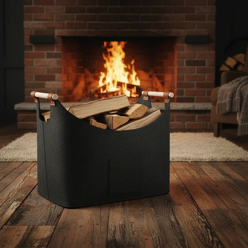 Firewood Log Tote with Leather Handles - Felt Storage Bag for Fireplace