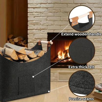 Firewood Log Tote with Leather Handles - Felt Storage Bag for Fireplace